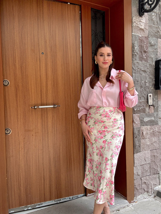 Çiçek desenli saten etek PEMBE