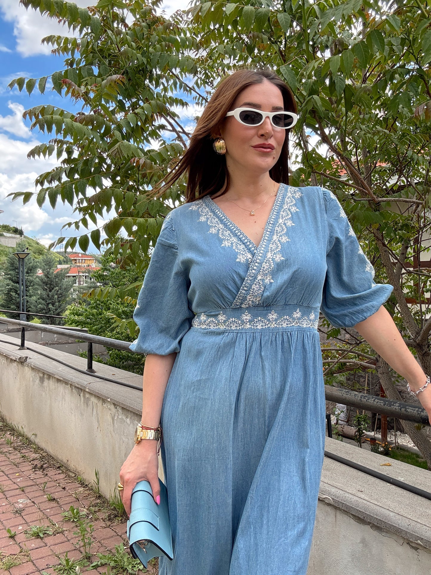 Nakışlı Tensel Elbise Mavi
