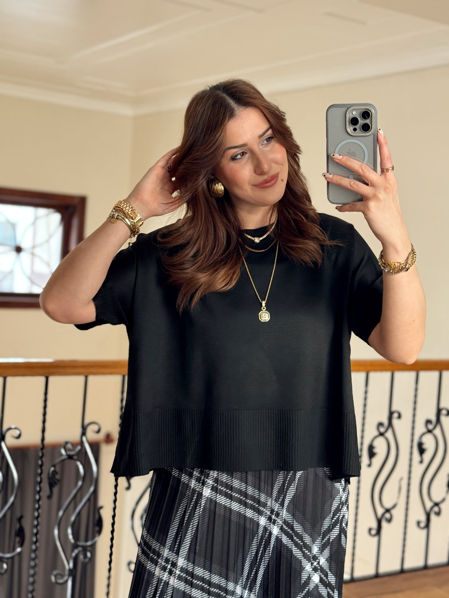 Kısa Kollu Oversize Triko Kazak-SİYAH