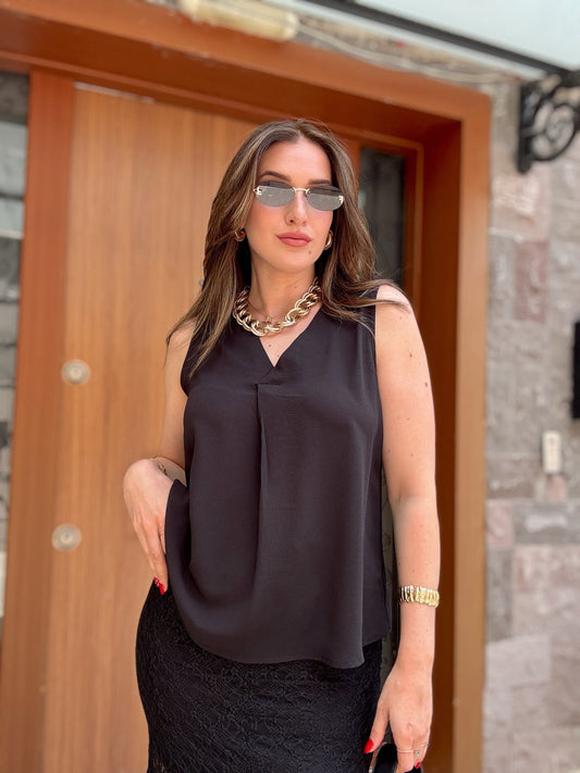 Kuğu Kruvaze Yaka Bluz Siyah