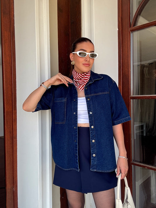 Kısa kollu Jean Gömlek Mavi