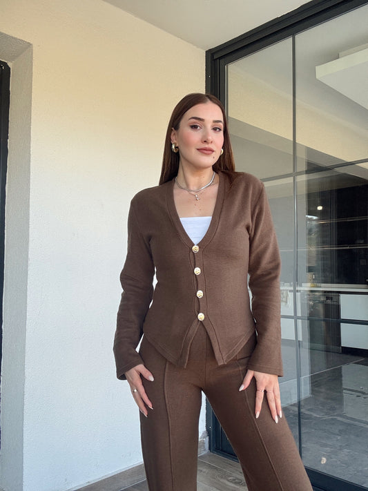 Selanik önü düğmeli ceket çimalı pantolon takım-KAHVERENGİ