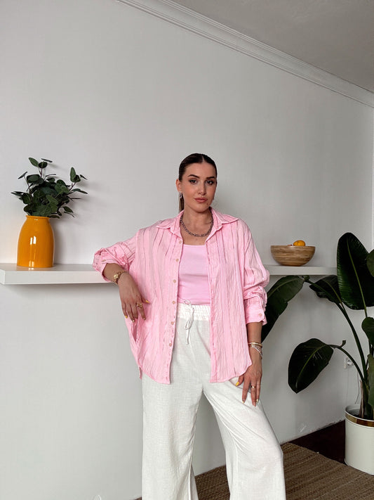 Crush çizgili atletli basic gömlek PEMBE