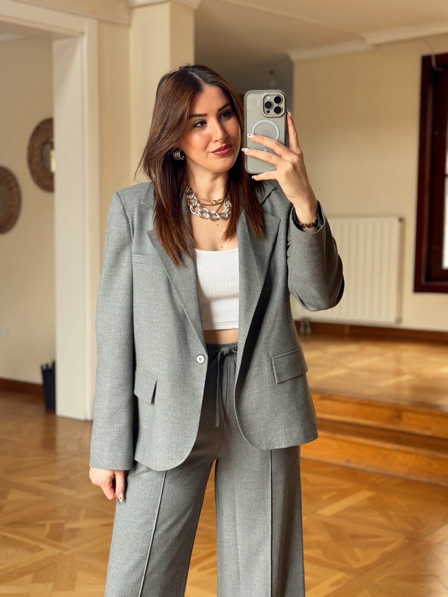 Arkası Düğme Detaylı Çizgili Takım-ANTRASİT