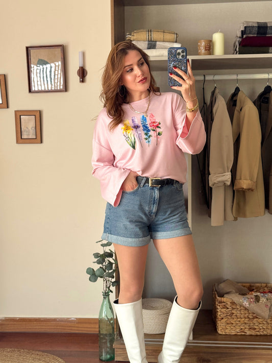 Çiçek desenli modal sweat Pembe
