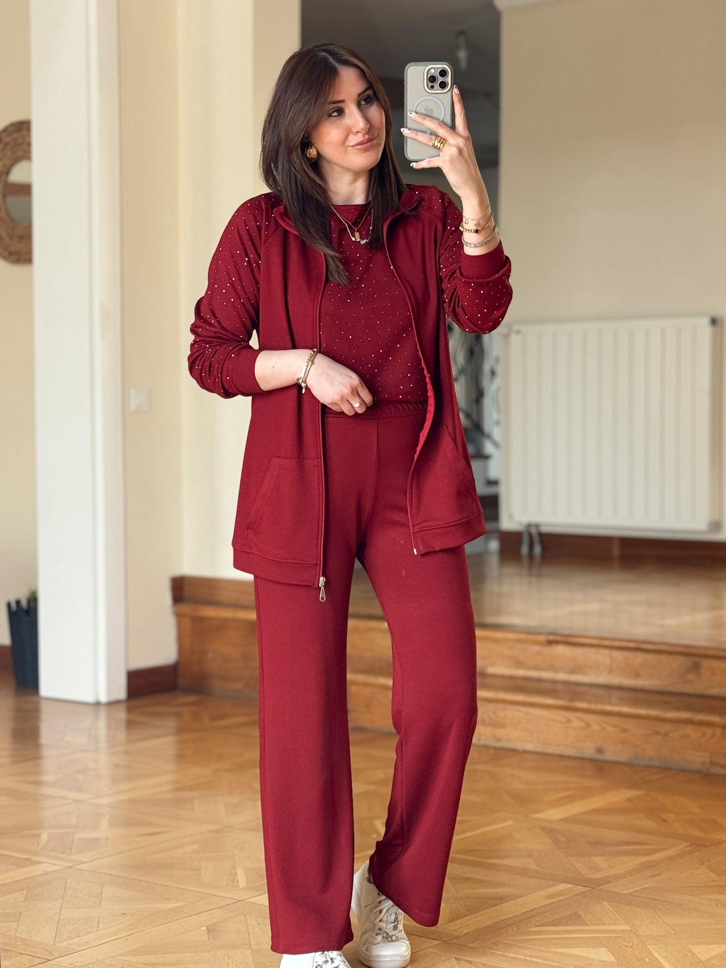 Üçlü Taşlı Oys Takım-BORDO