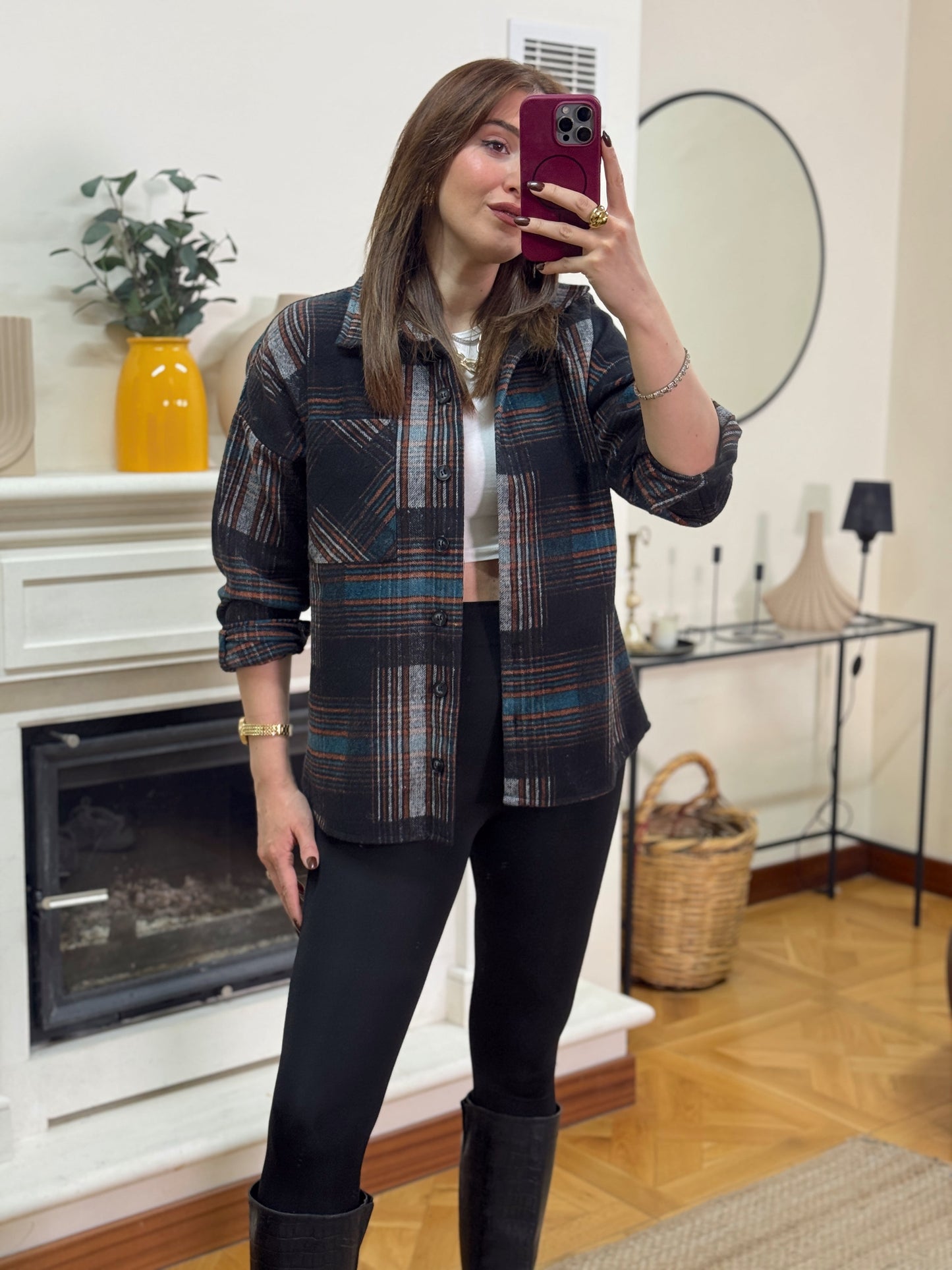 Ekose desen tek cepli gömlek TURUNCU