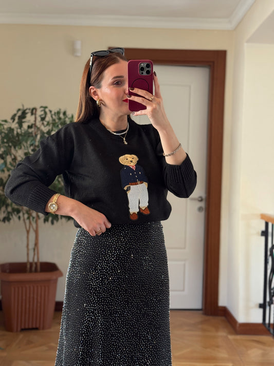 Ayıcık İşleme Yumoş Triko Kazak - SİYAH-LACİVERT