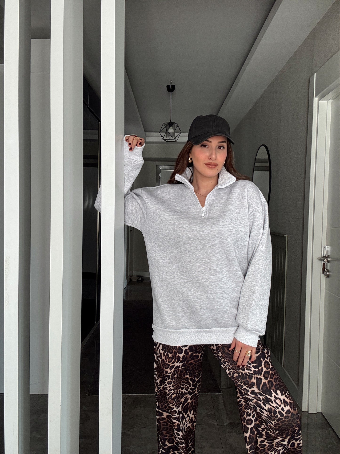 Yarım Fermuar Basic 3 İplik Şardonlu Sweatshirt - GRİ