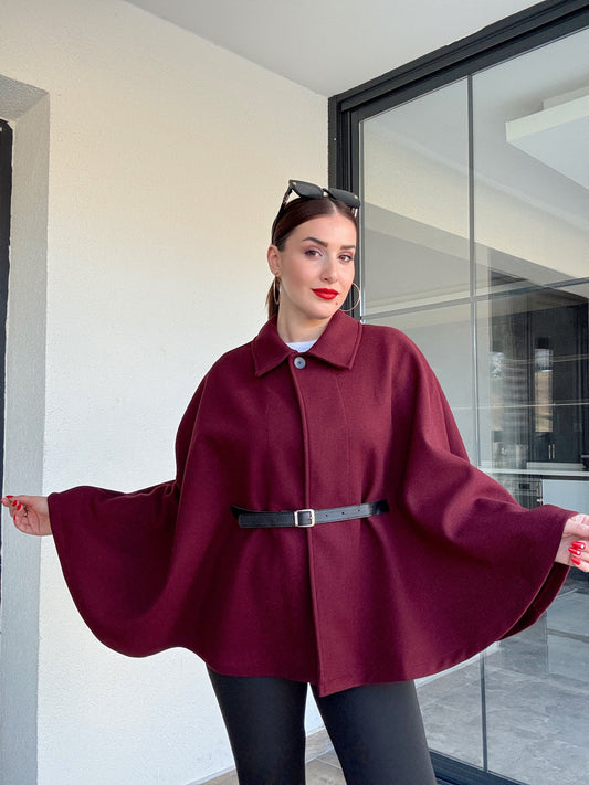 Yakalı kemerli panço bordo