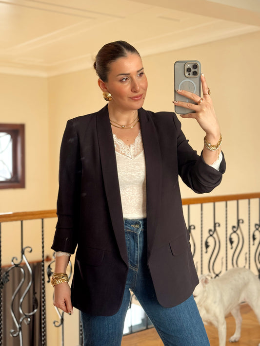 Kolu Büzgülü Şal yaka ceket Lacivert