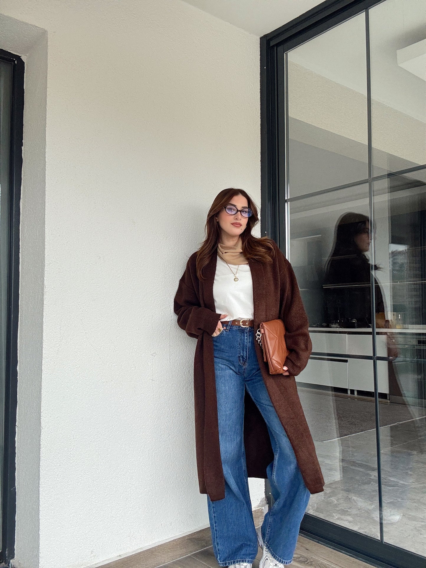 Şardonlu uzun hırka-KAHVERENGİ