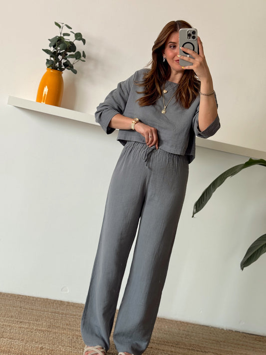 Keten uzun kol crop pantolon ikili takım GRİ