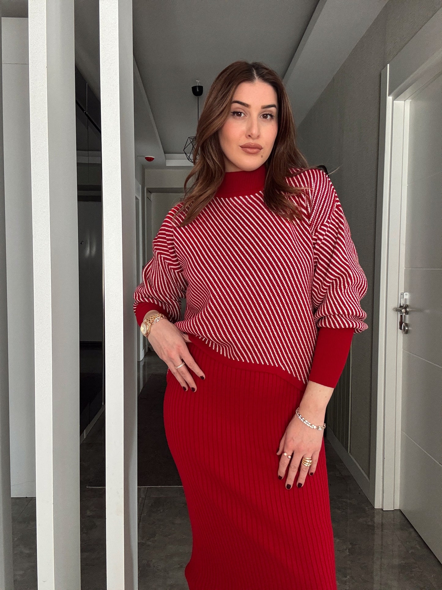 Yatay Çizgili Pikeli Jileli Takım - KIRMIZI