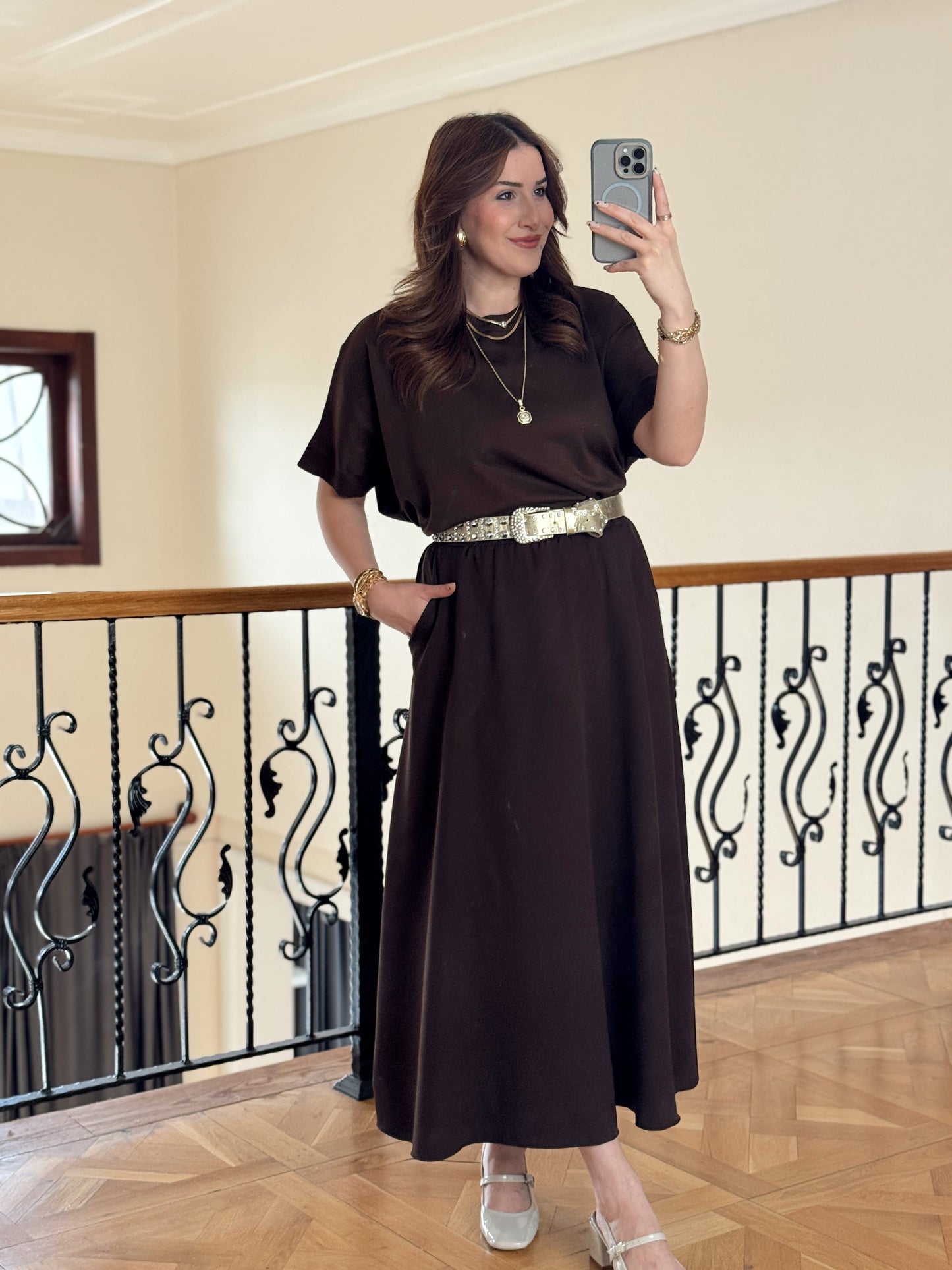 Double Yanı Cepli Etek-KAHVERENGİ