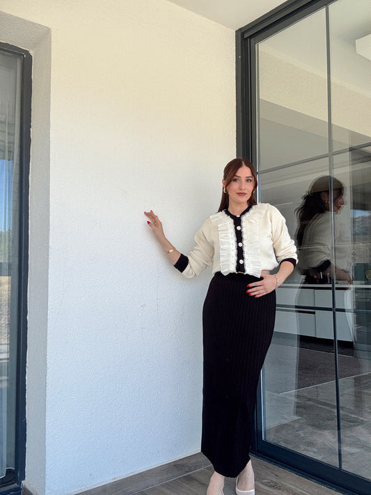 Manolya incili etekli ikili takım SİYAH