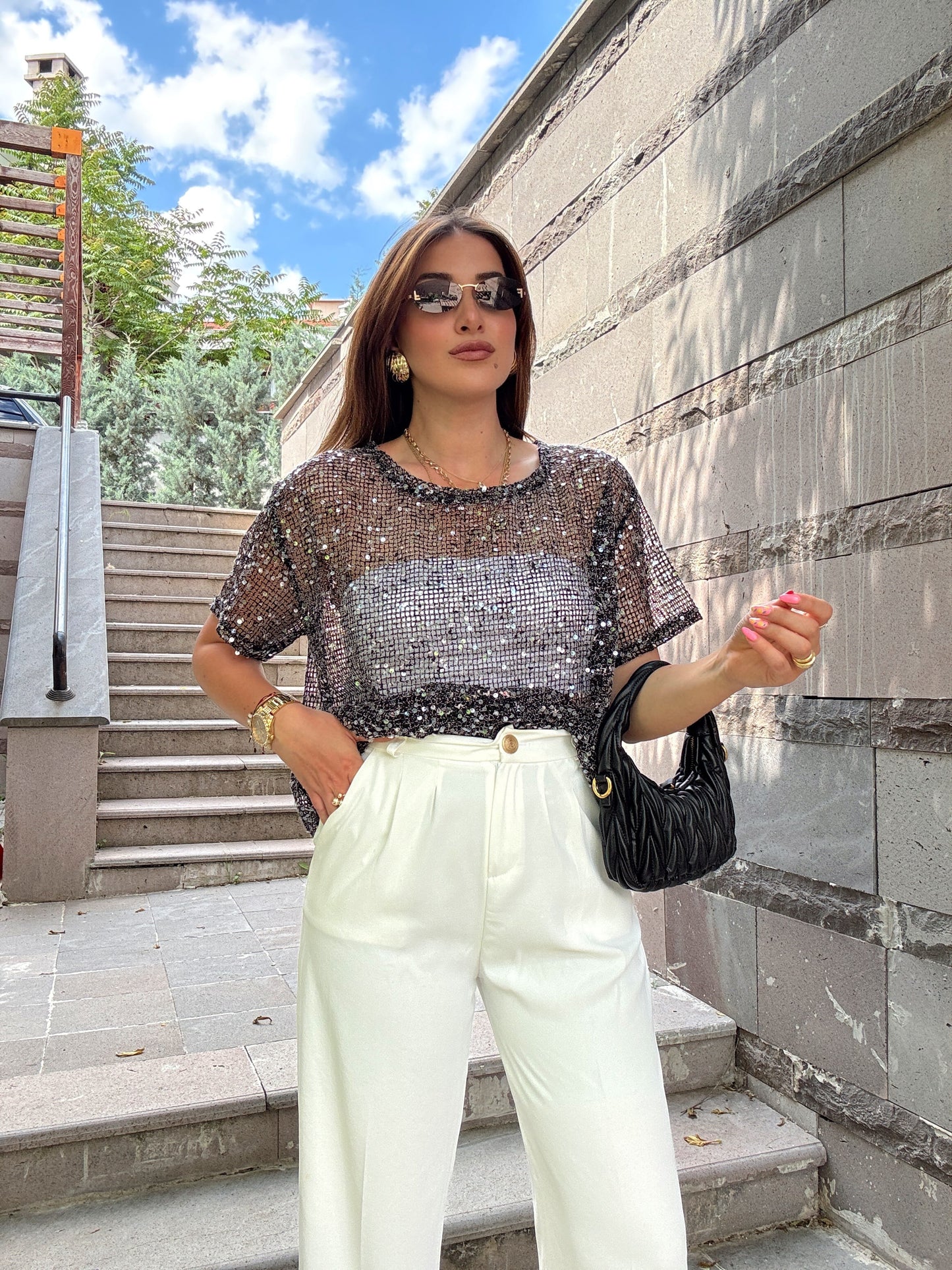 Premium pullu kumaş bluz Siyah