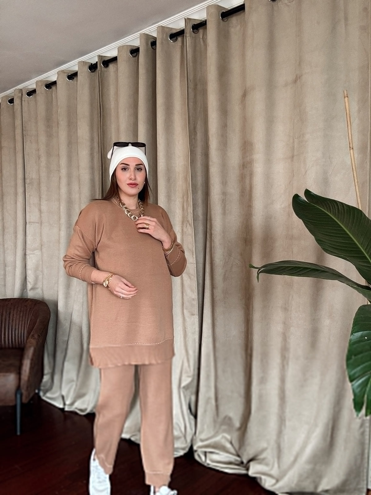 Kol ve Pantolon Desenli Triko Takım CAMEL