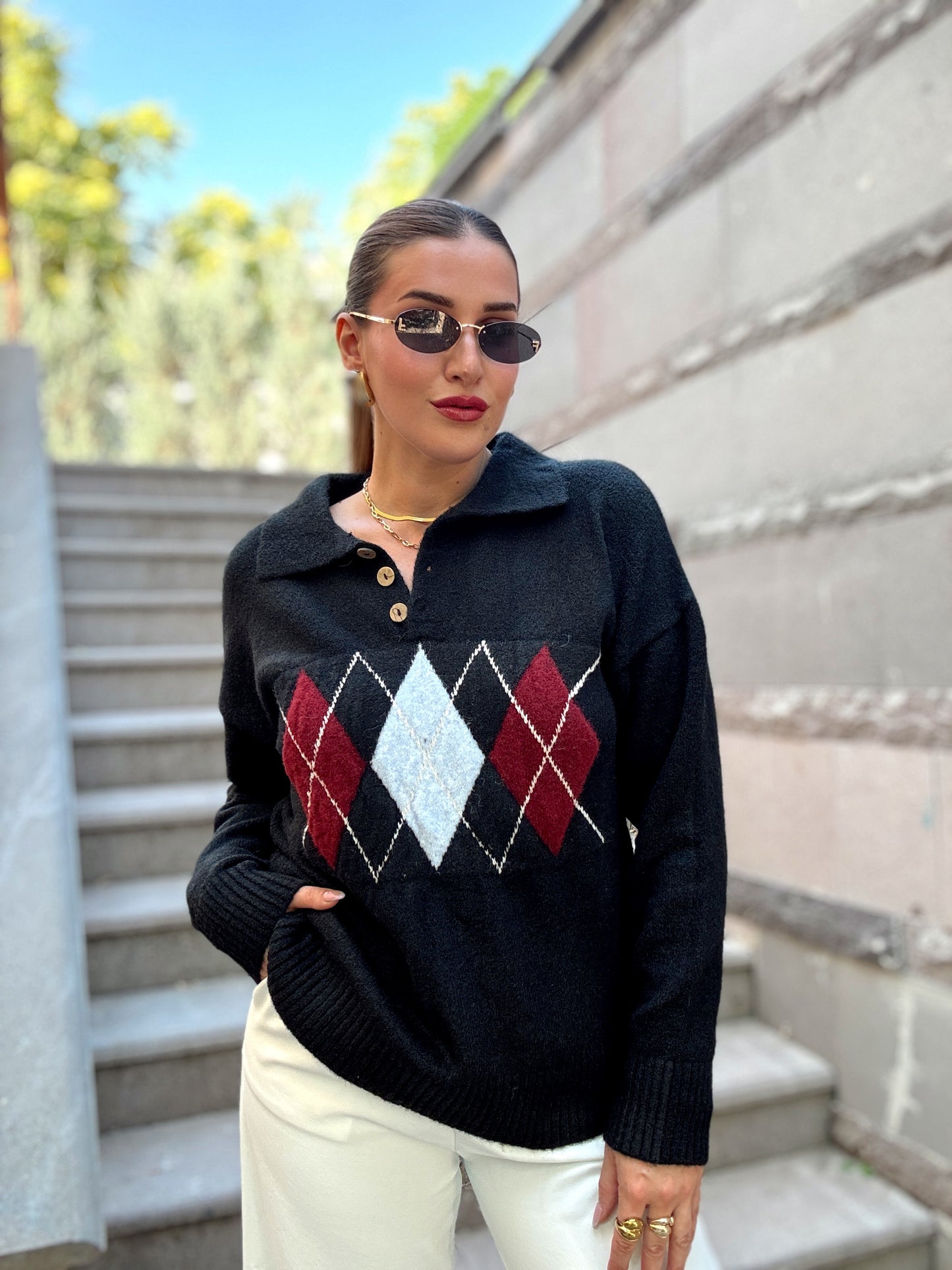 Baklava Desenli Premium Polo yaka kazak siyah
