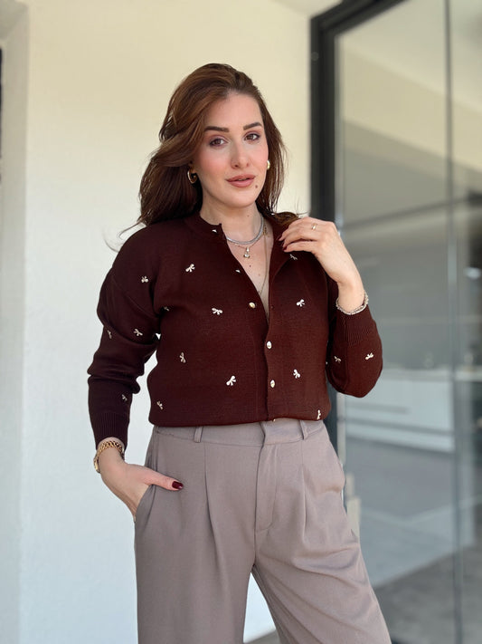 Kurdele nakış işlemeli hırka KAHVERENGİ