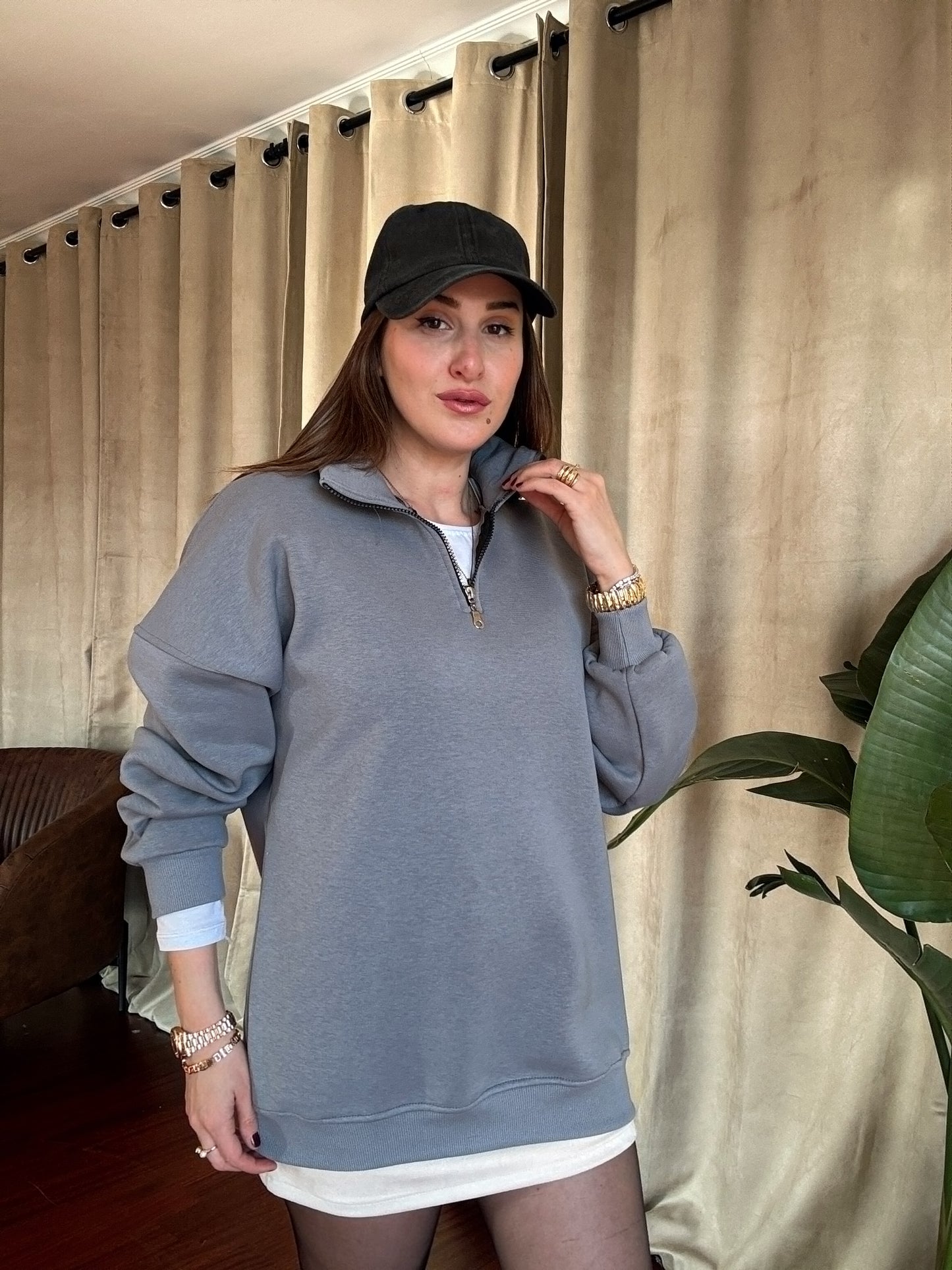 3 İplik Şardonlu Yarım Fermuarlı Sweatshirt - GRİ