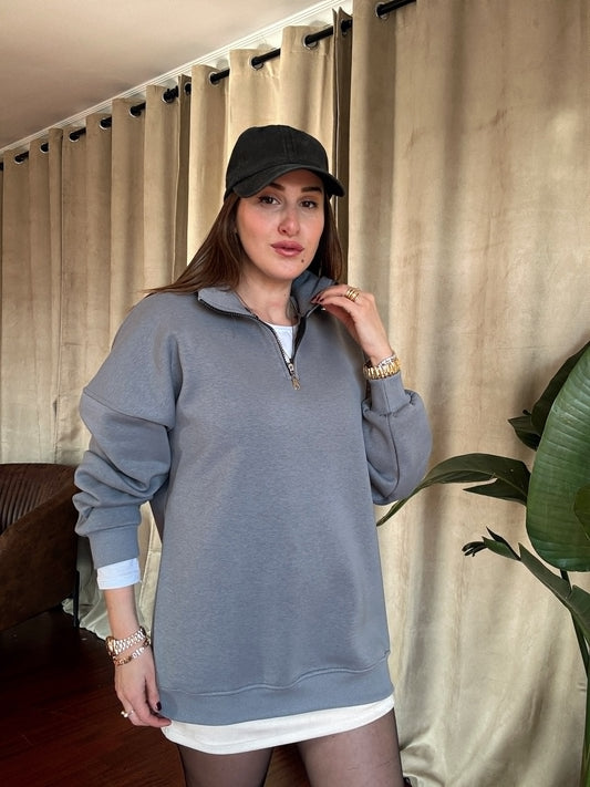 3 İplik Şardonlu Yarım Fermuarlı Sweatshirt - GRİ