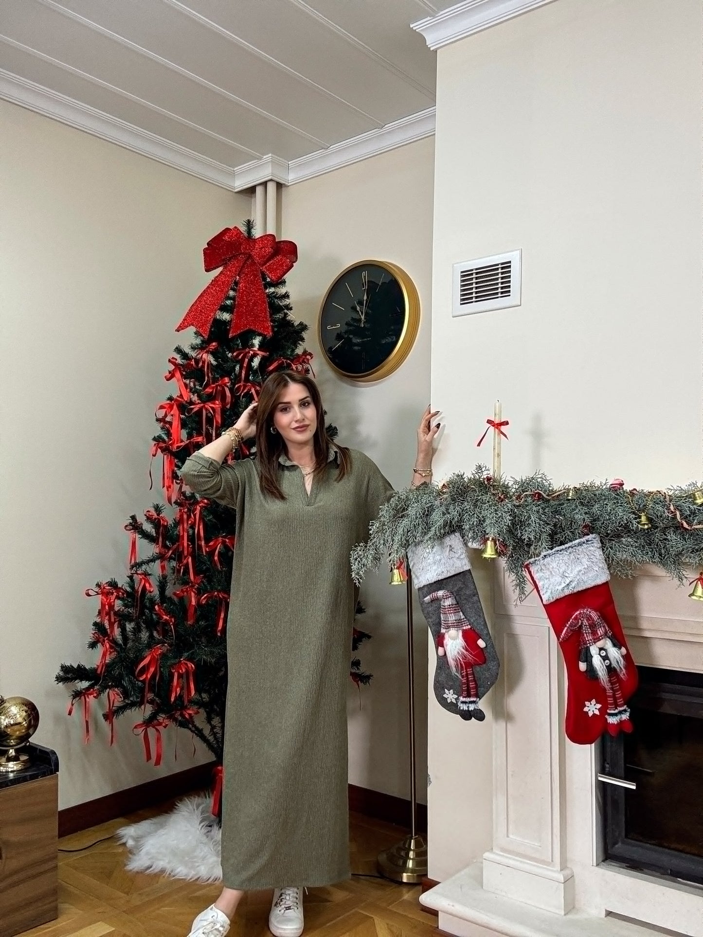 Polo yaka çift yıtmaç elbise-HAKİ