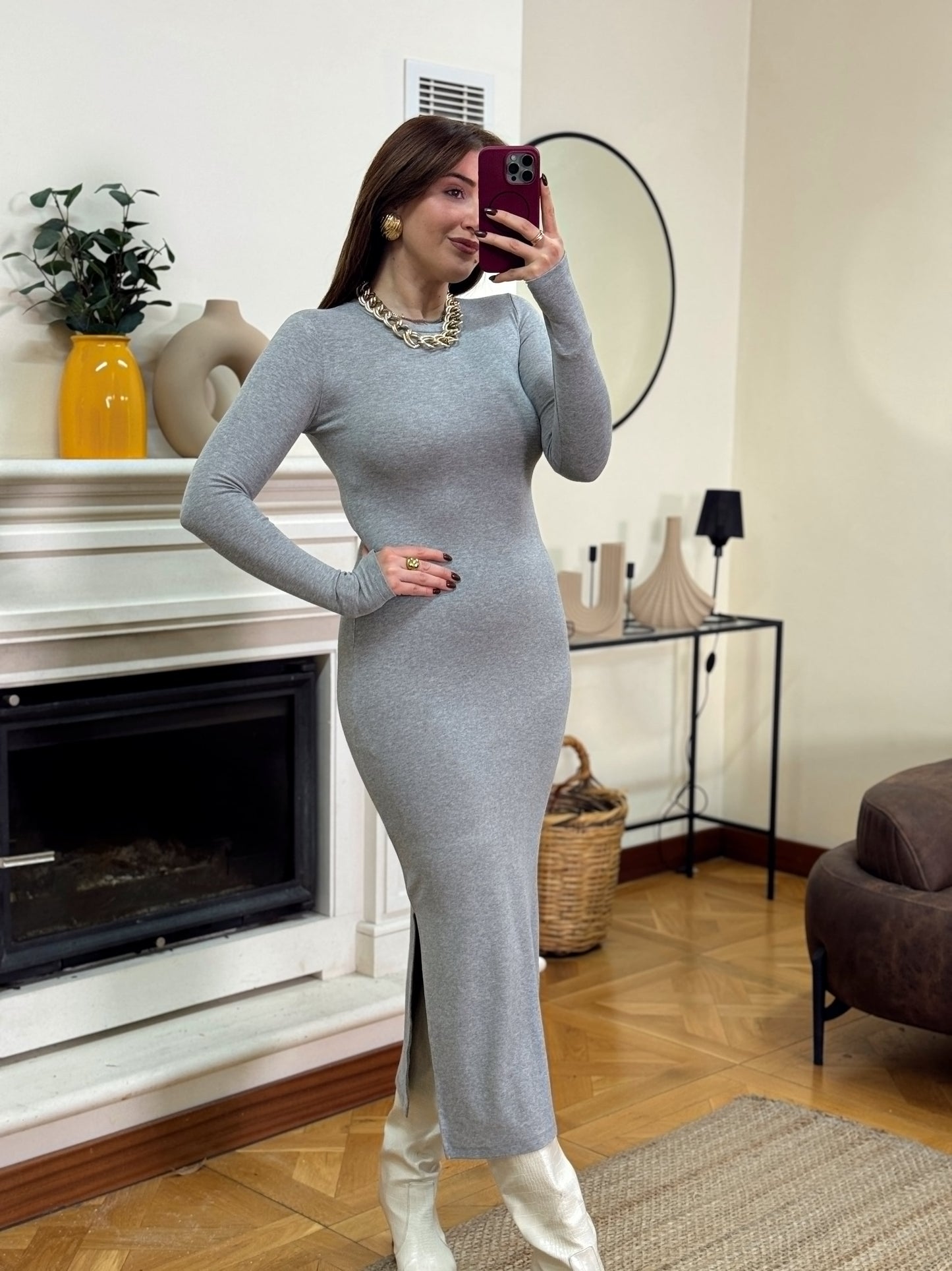 Bisiklet yaka parmak geçirmeli elbise-GRİ