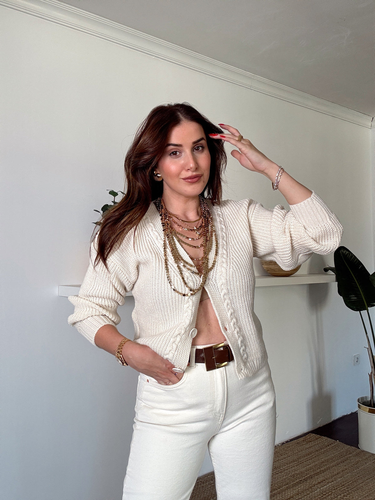 3 Düğme Saç örgü hırka Latte