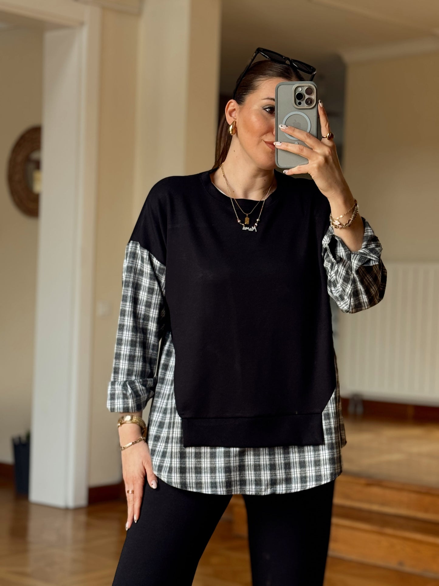 Ekose Desen Garnili Takım-SİYAH