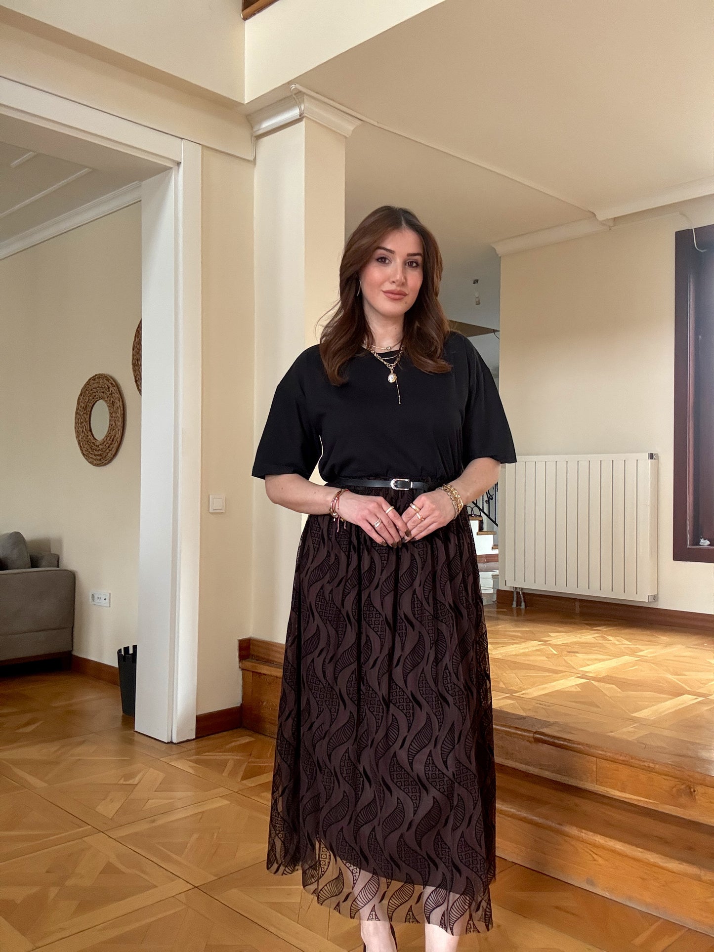 Kemerli Astarlı Şifon Etek Kahve