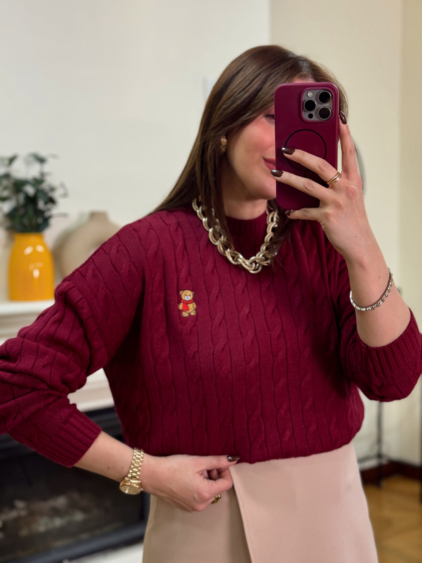 Saç örgü küçük ayıcık işlemeli kazak-BORDO