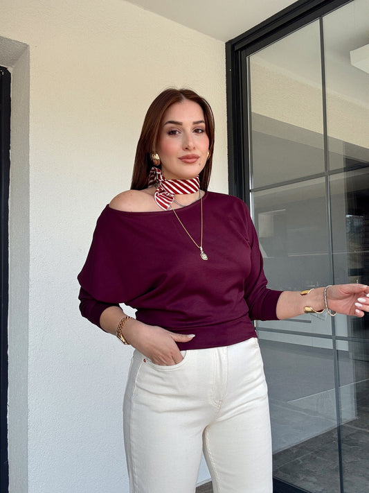 Kayık yaka modal bluz Bordo