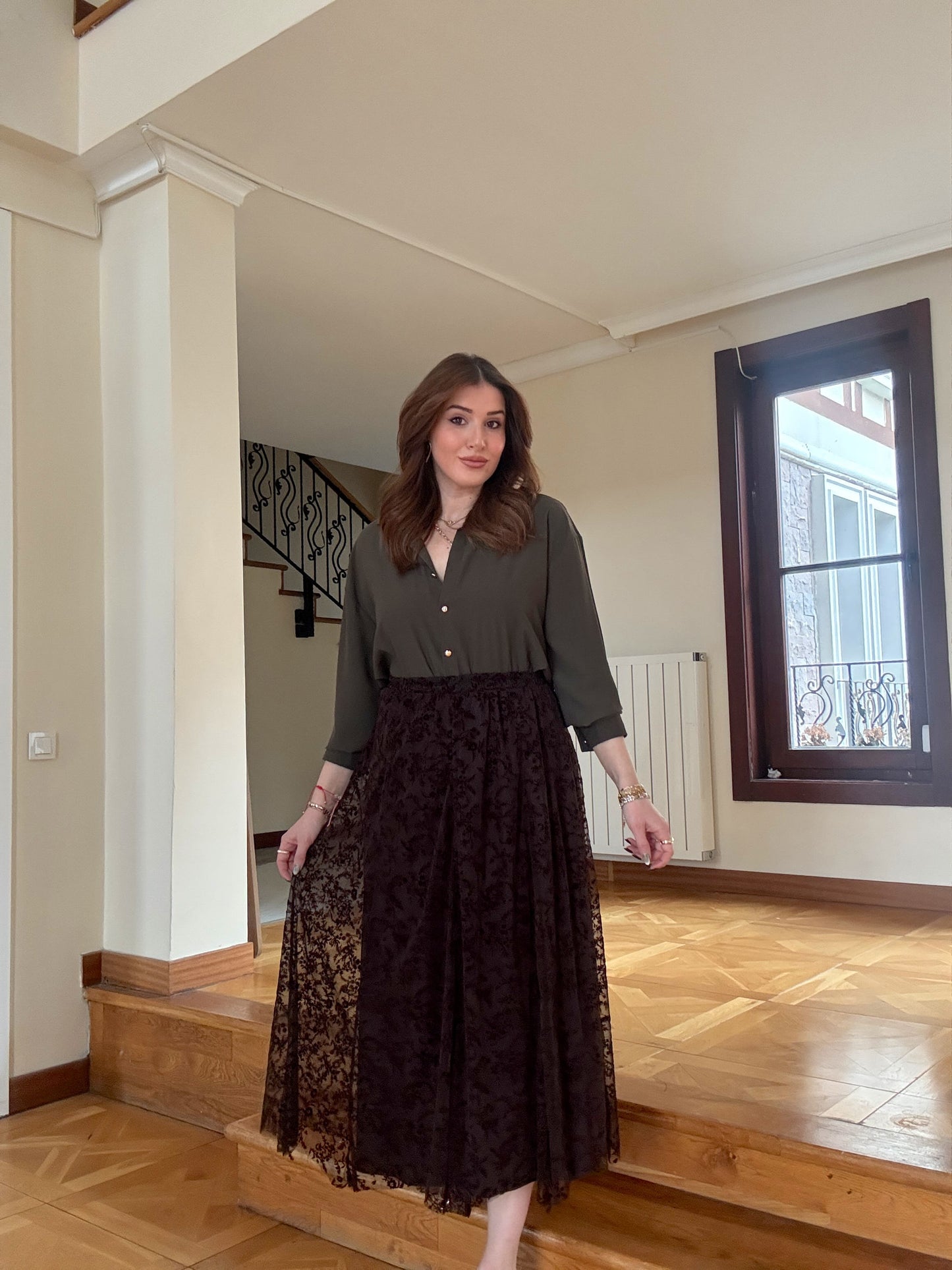 Dal desen astarlı şifon etek Kahve