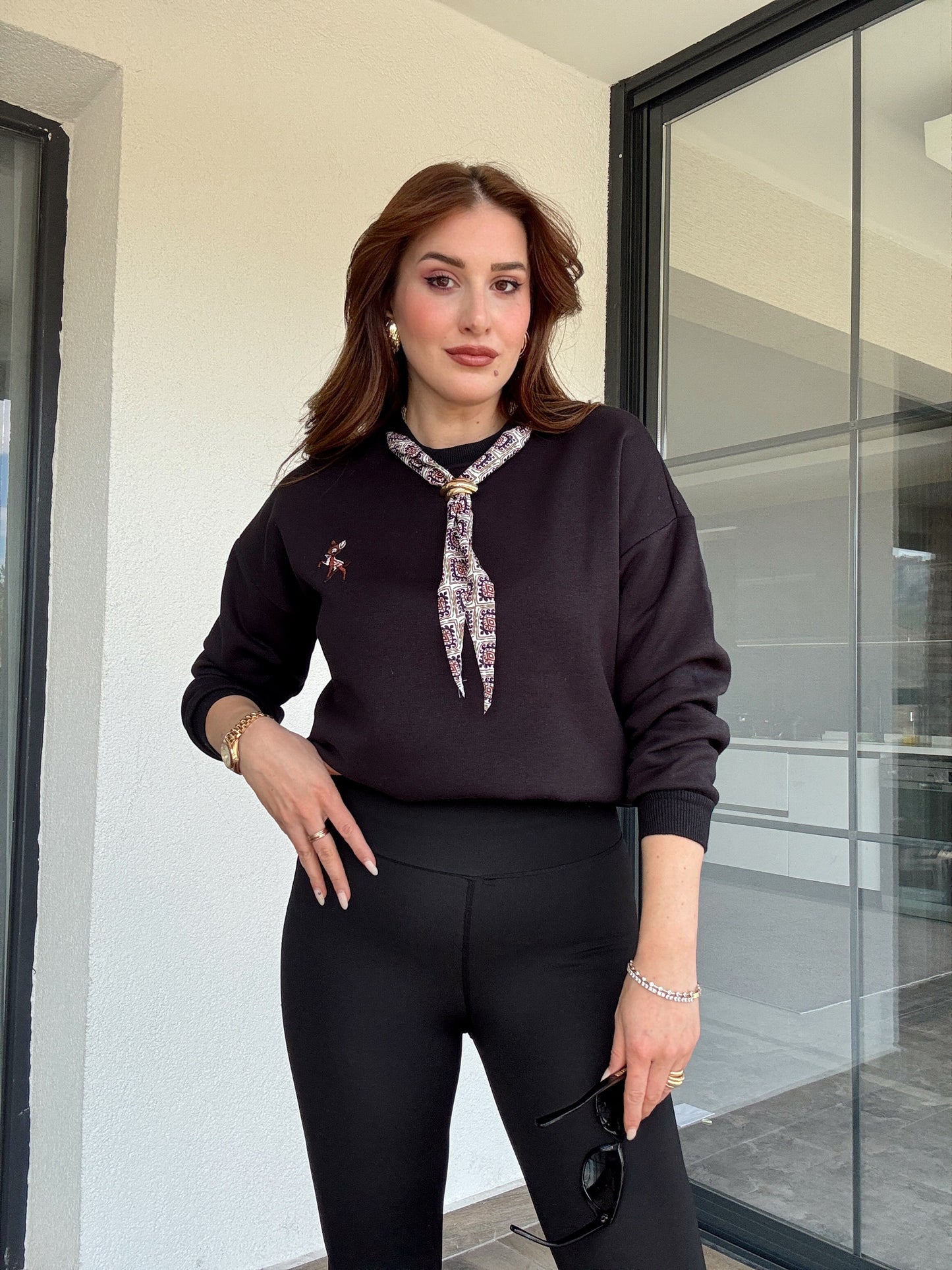 Üç iplik şal yaka sweat-SİYAH