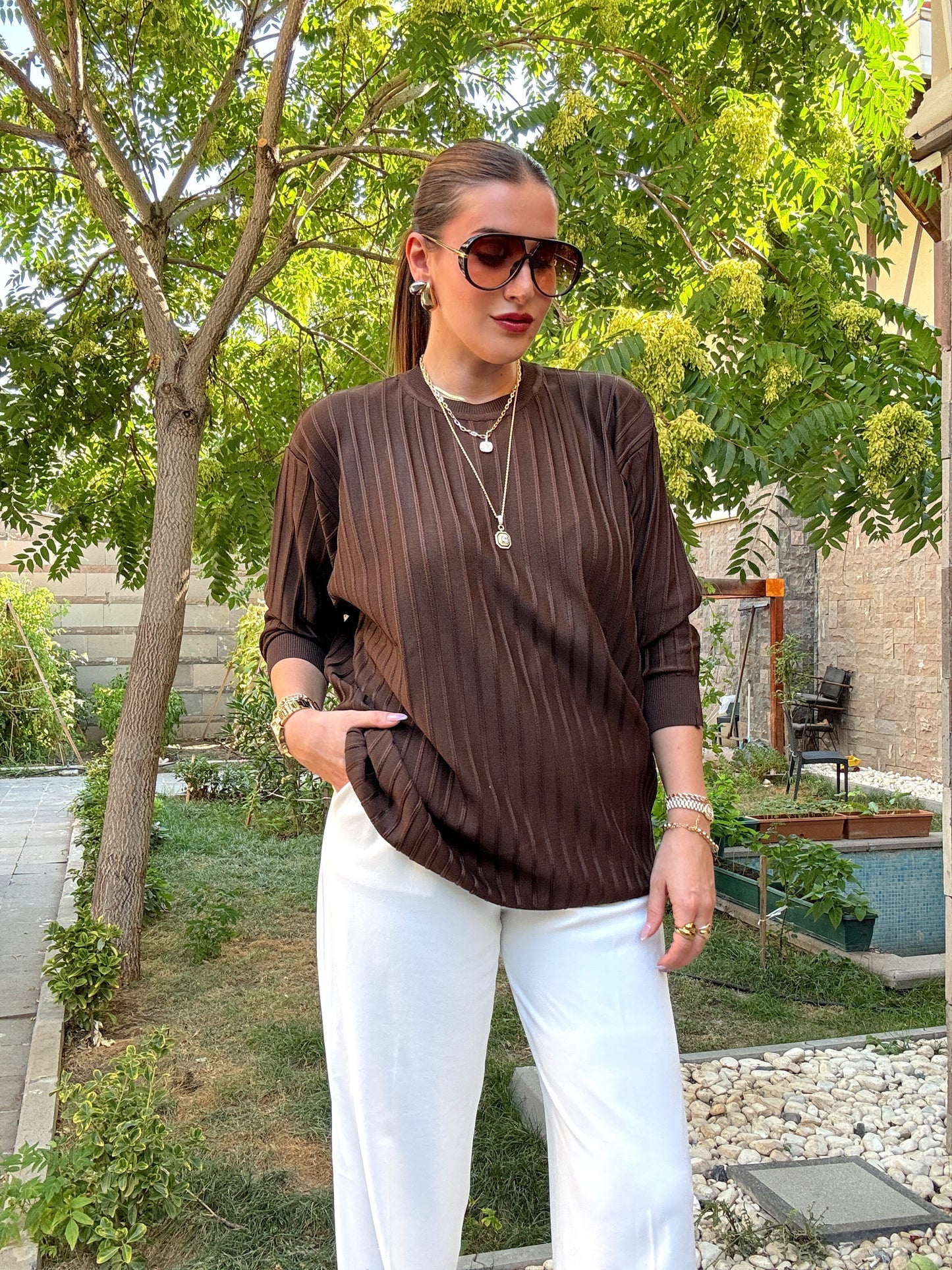 Şerit detaylı oversize premium kazak Kahve
