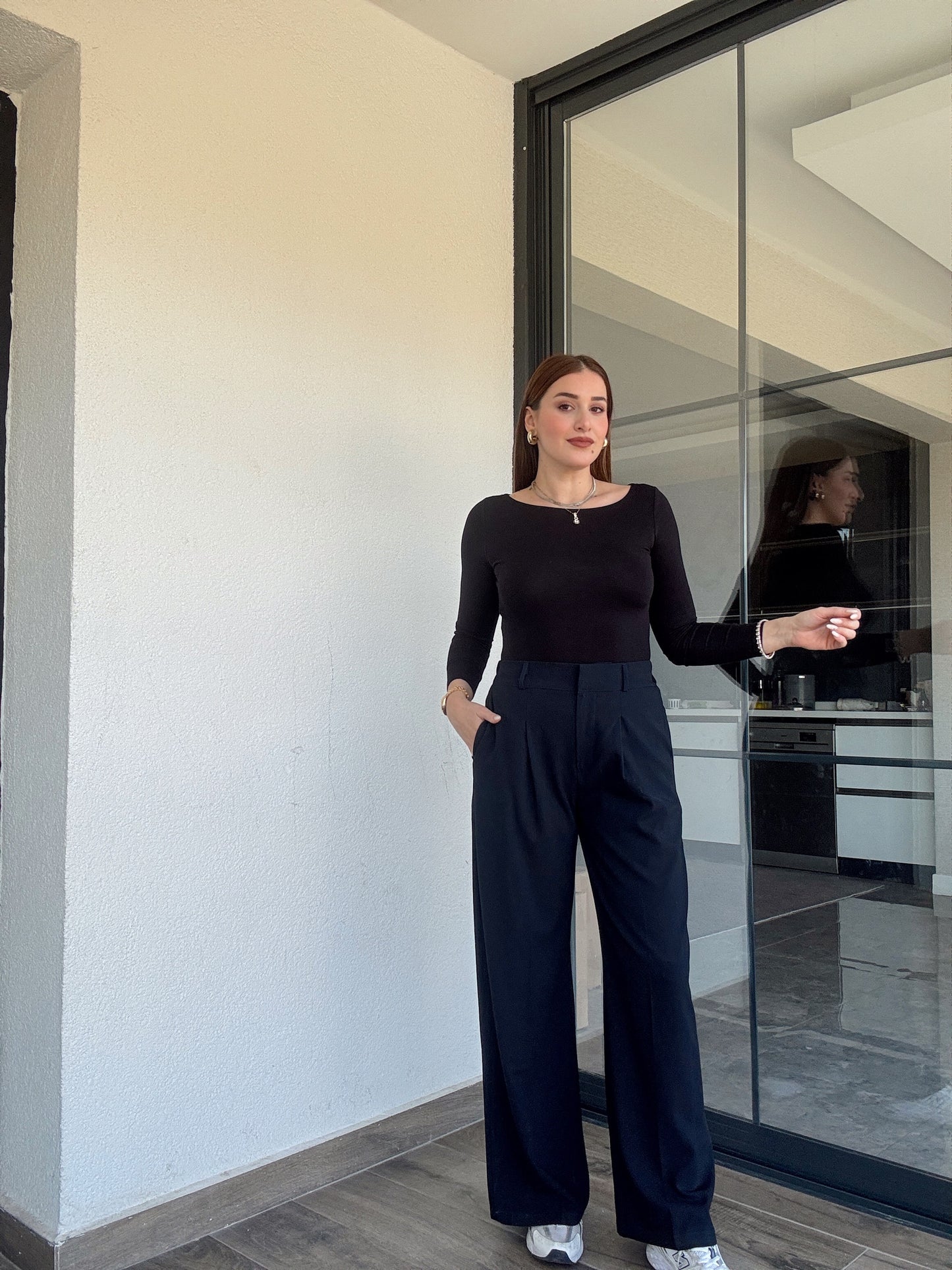 Çıtçıt detaylı palazzo pantolon-LACİVERT