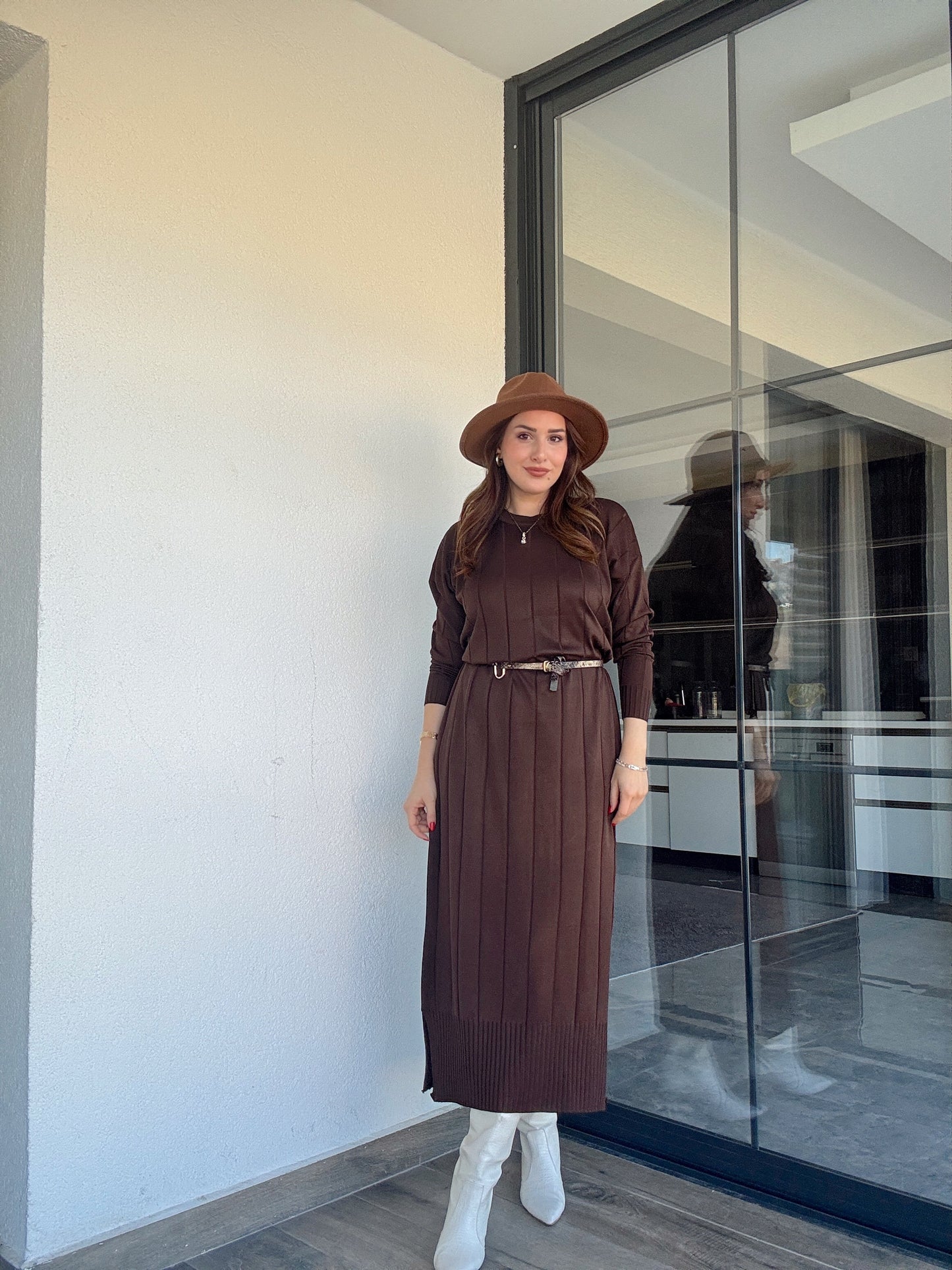 Şerit detaylı uzun triko elbise KAHVERENGİ