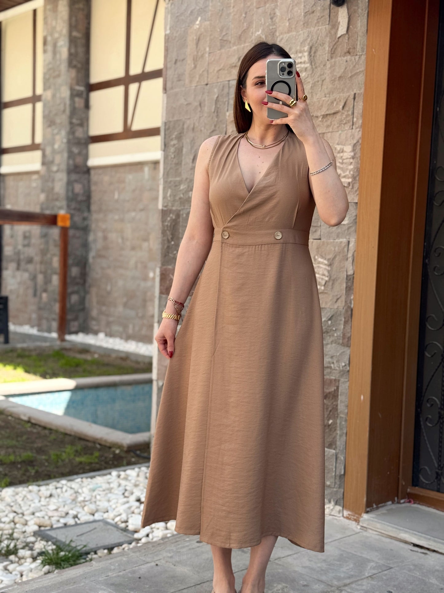 Keten düğmeli uzun elbise CAMEL