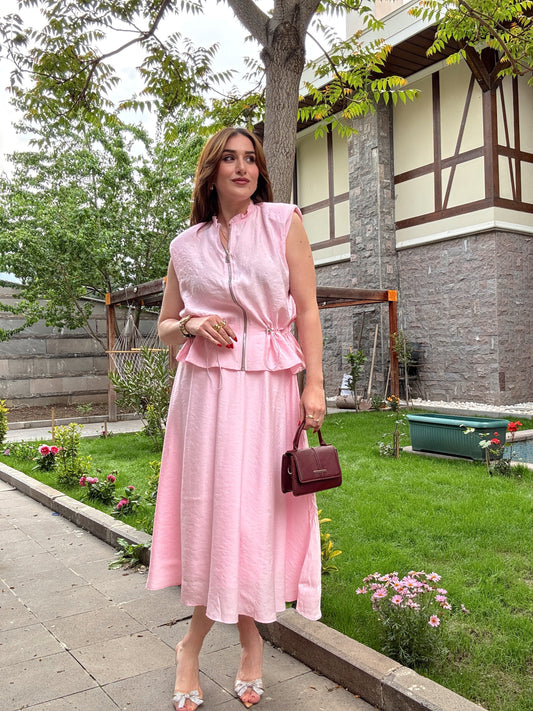 Bağcıklı Taş Detaylı Takım Pembe