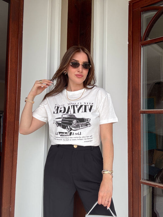 VİNTAGE baskılı basic tişört BEYAZ