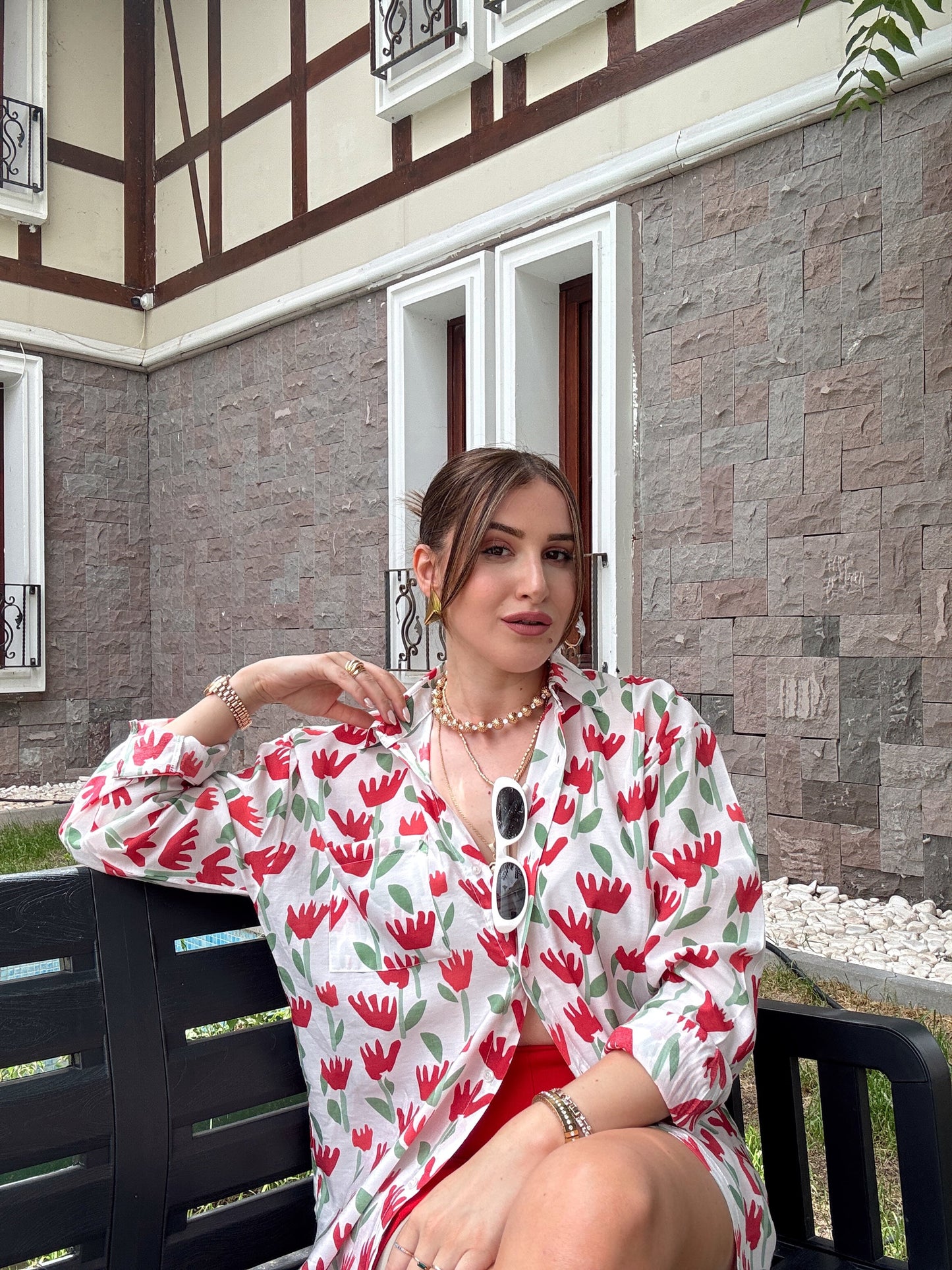 ZR MODEL cepli lale desenli gömlek BEYAZ