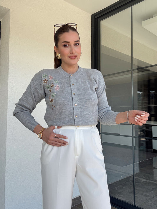 Papatya çiçekli hırka GRİ