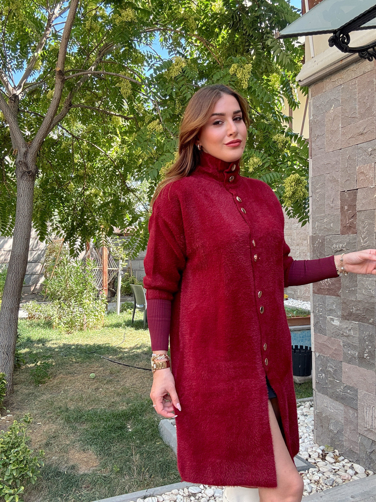 Sakal kumaş düğmeli premium hırka Bordo