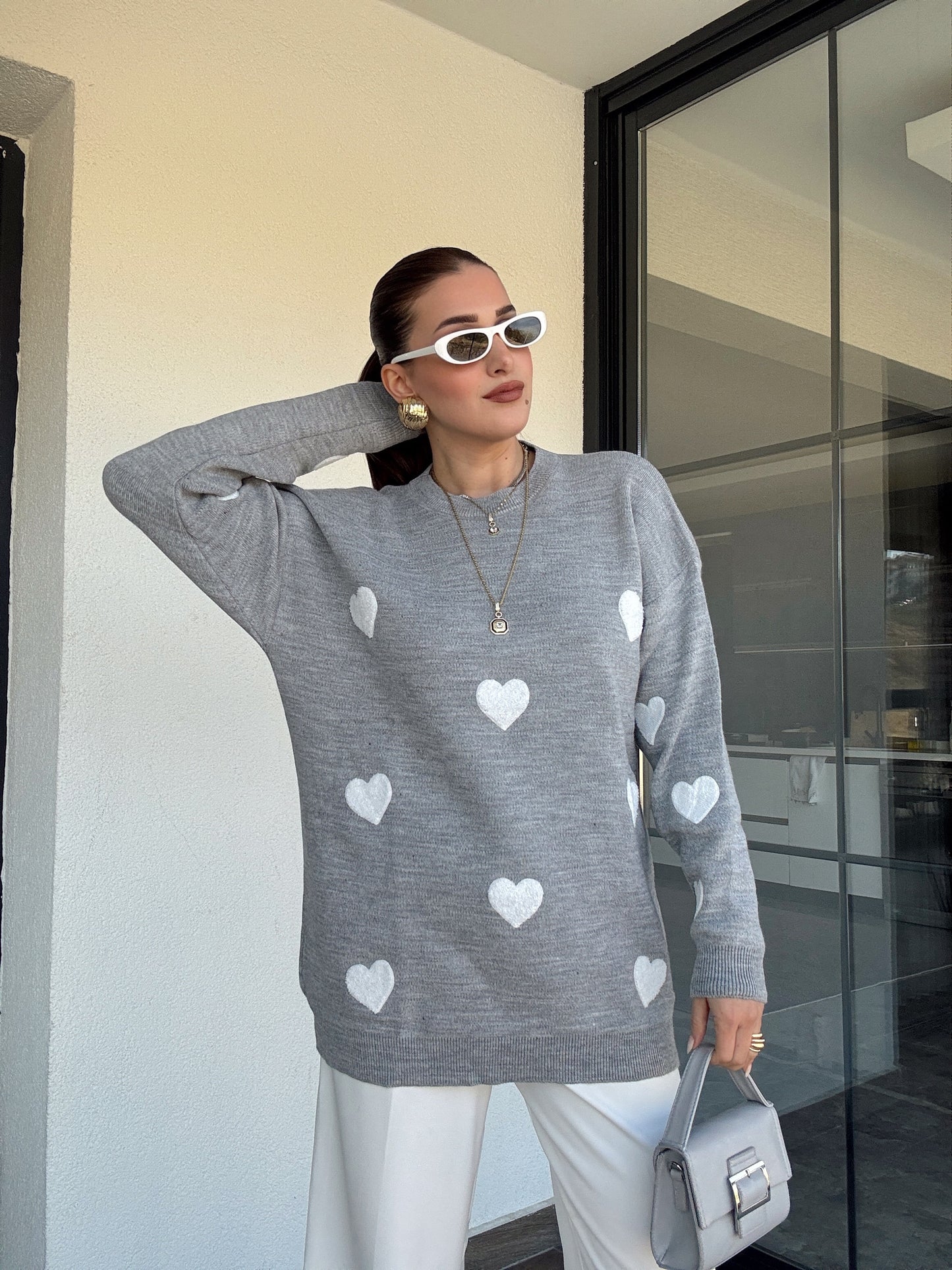 Kalp İşleme Triko Kazak - GRİ