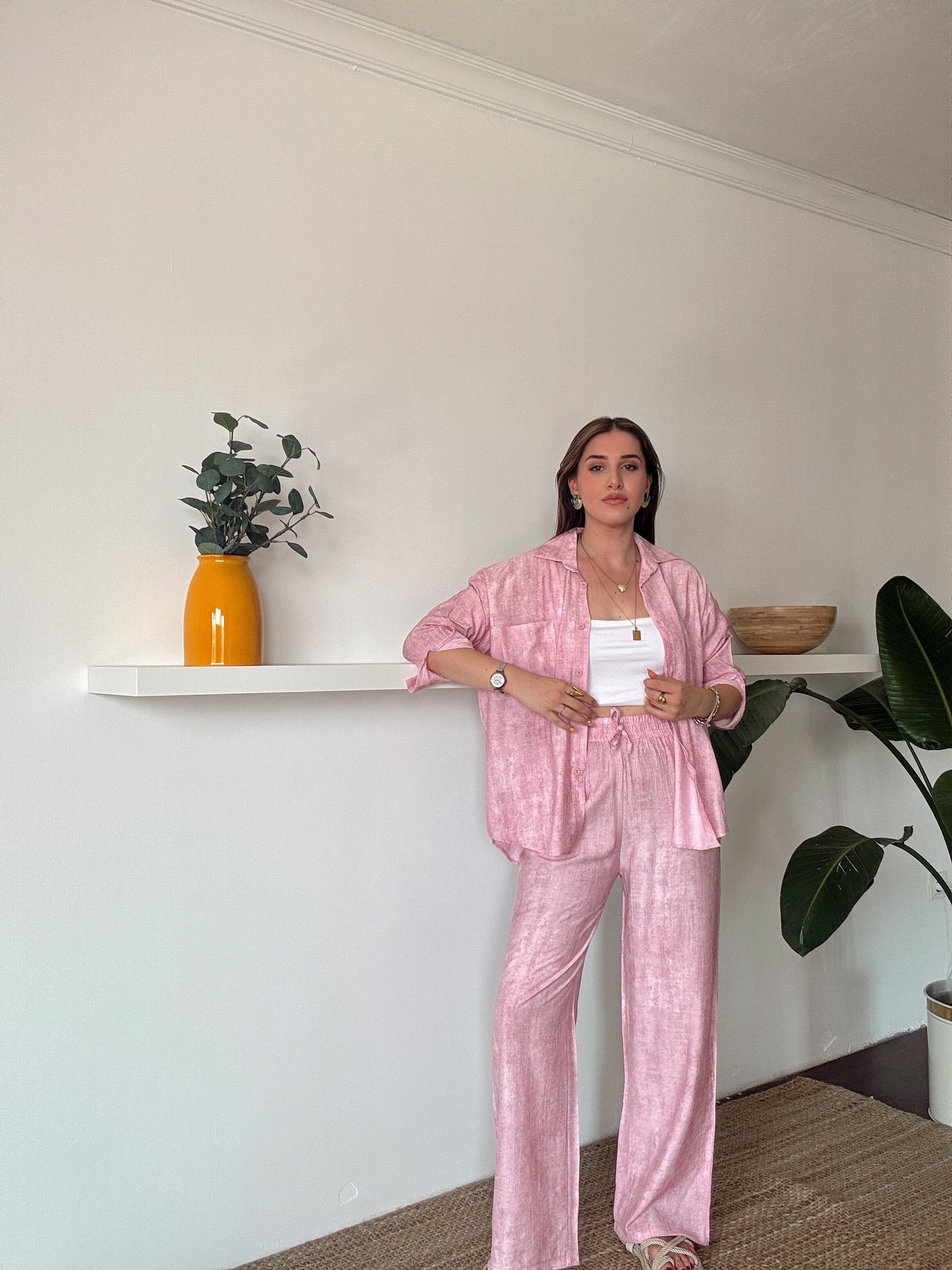 Dokuma gömlek pantolon takım PEMBE
