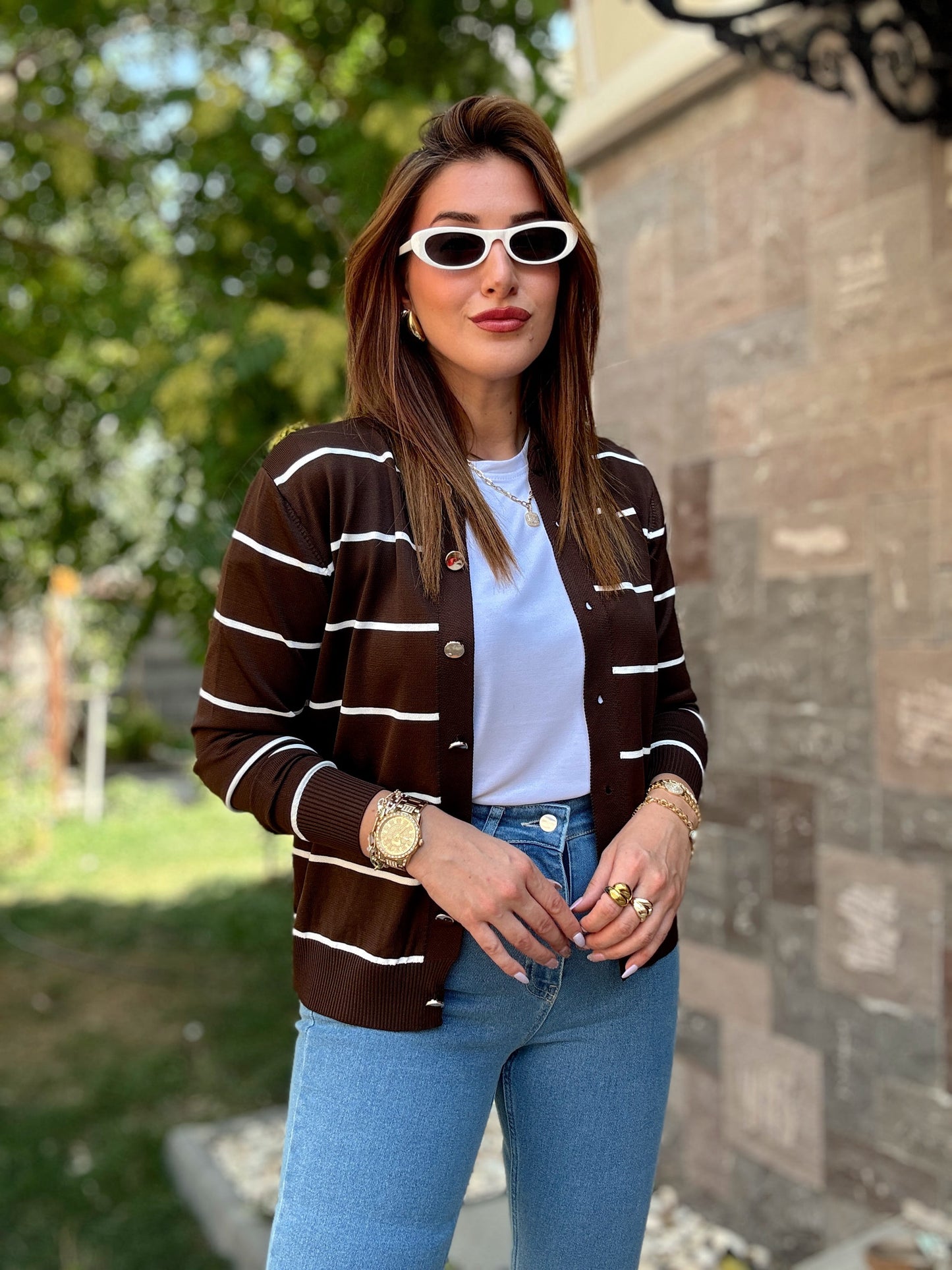 Çizgili Düğmeli Hırka Kahve