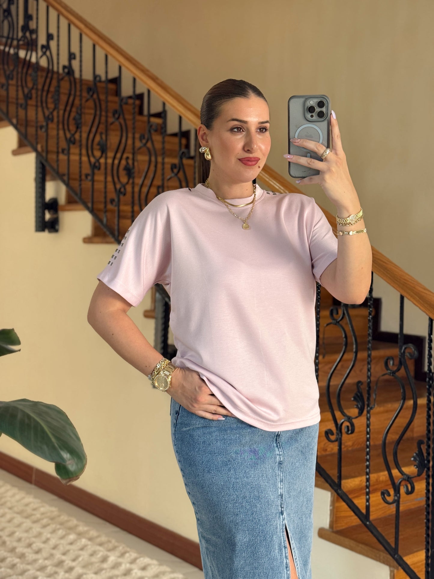 Omuz taşlı modal tişört PEMBE