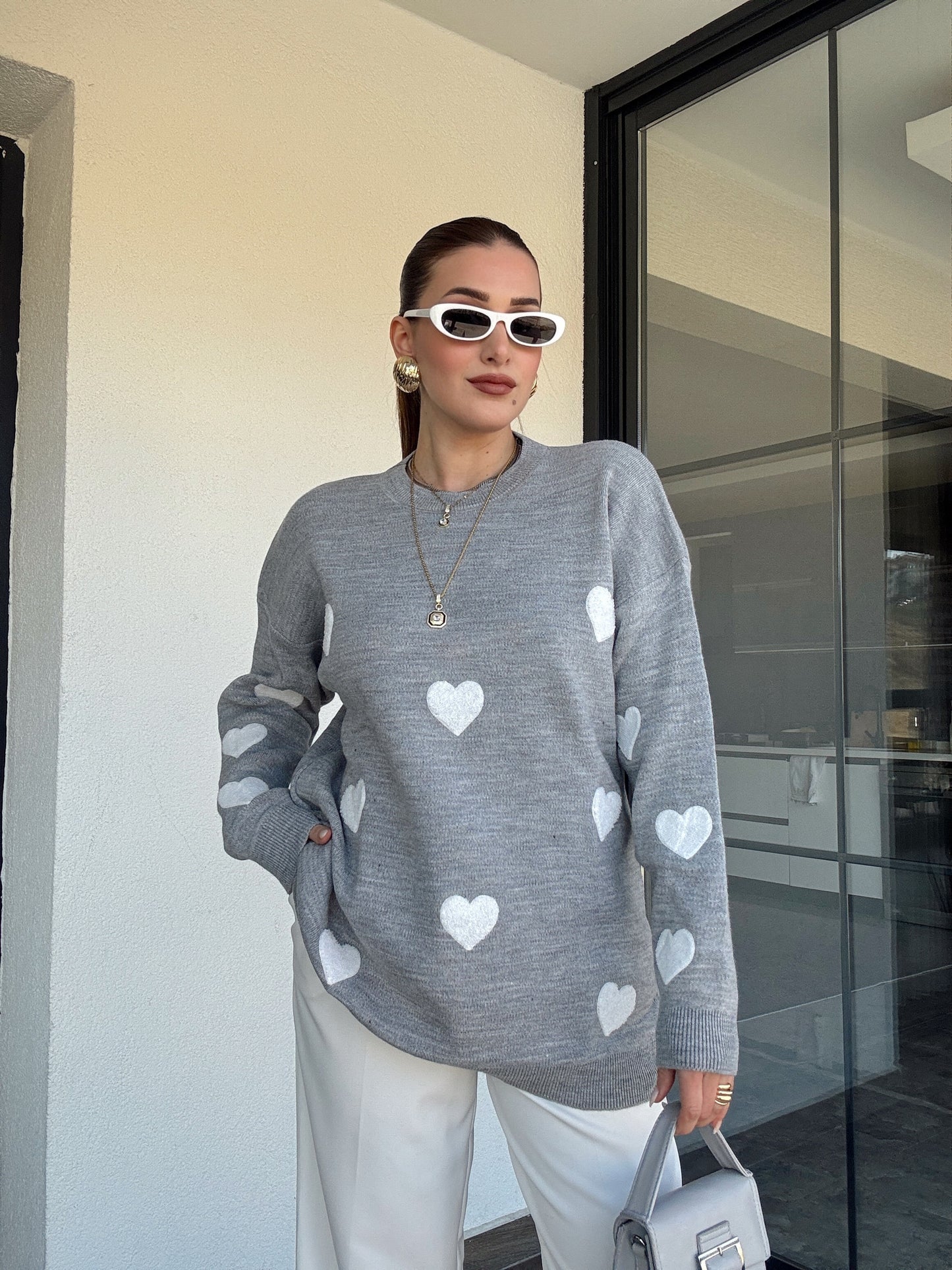 Kalp İşleme Triko Kazak - GRİ