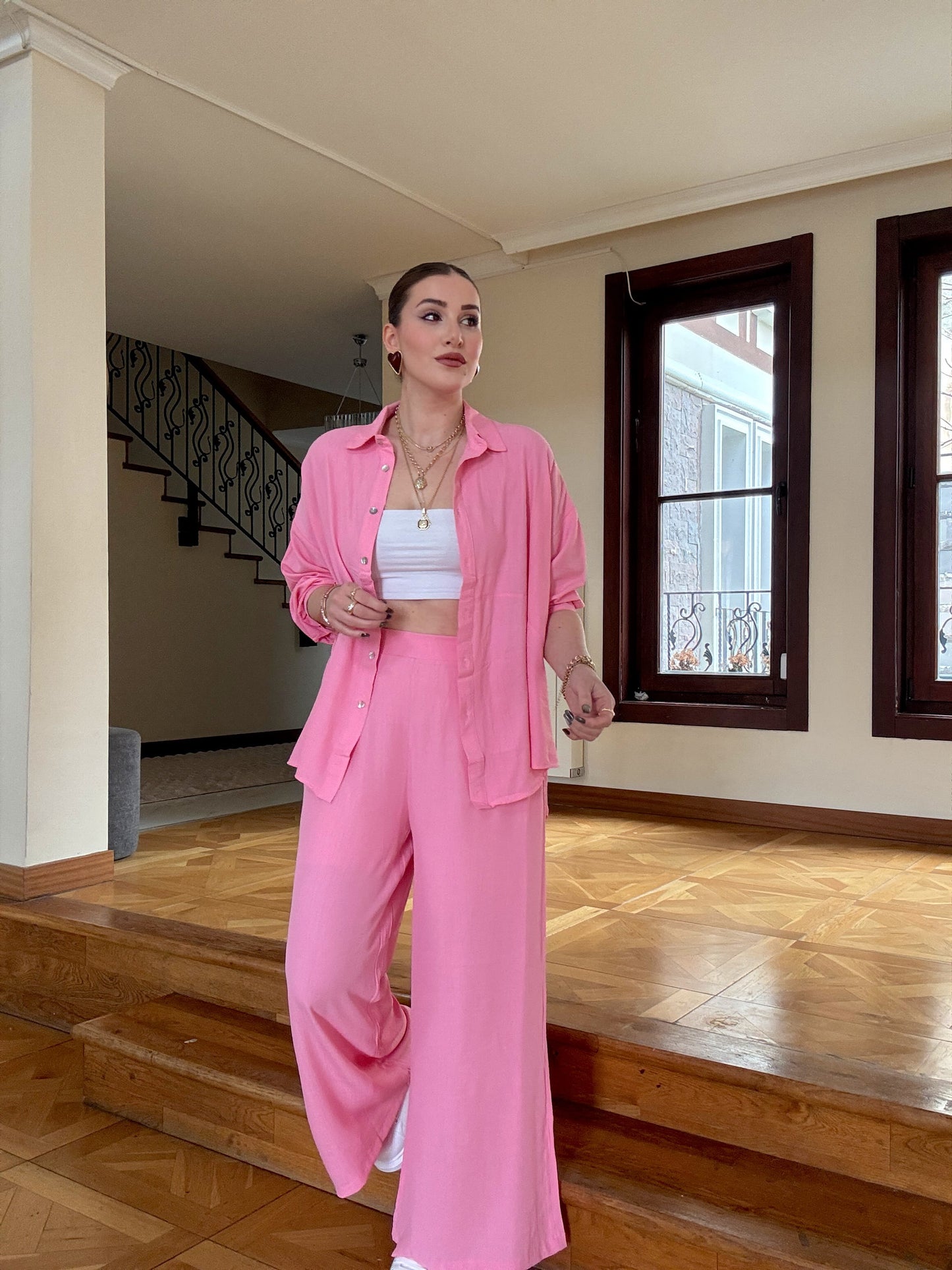 Gofre pantolonlu ikili takım Pembe